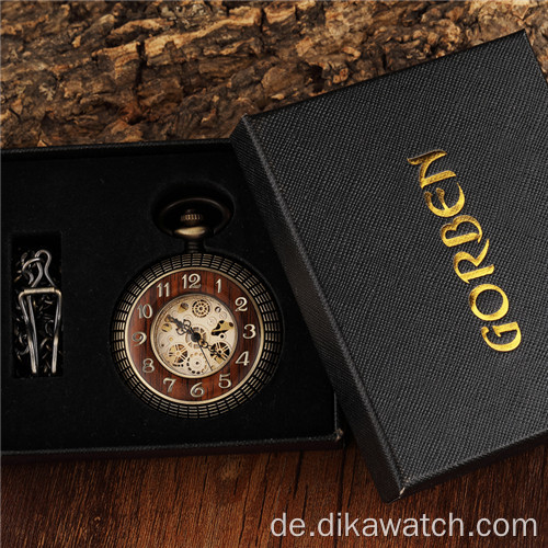 Vintage Holz Kreis geschnitzte Nummer Zifferblatt mechanische Taschenuhr Männer einzigartige hohle Steampunk Bronze mechanische Uhr Uhrenkette